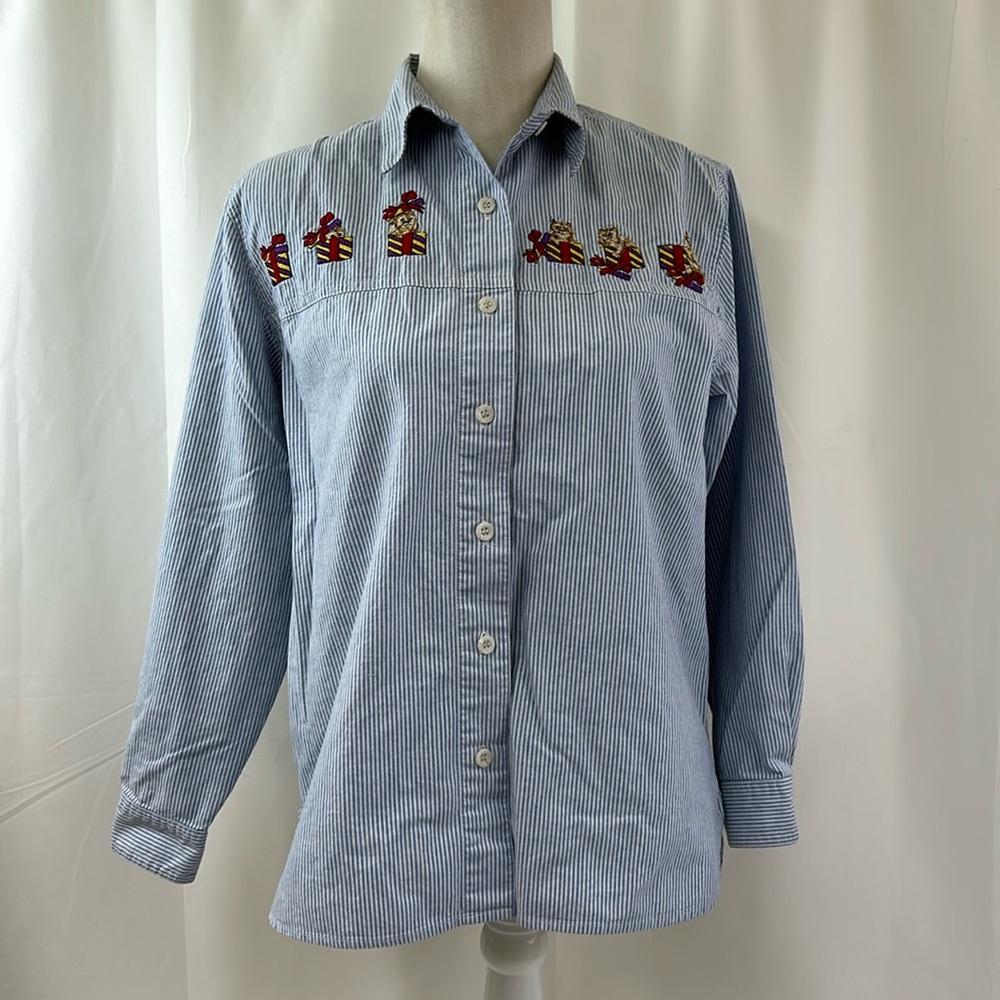 Vintage Solutions Original Embroidered Cat & Presents Button Up Shirt Size Med